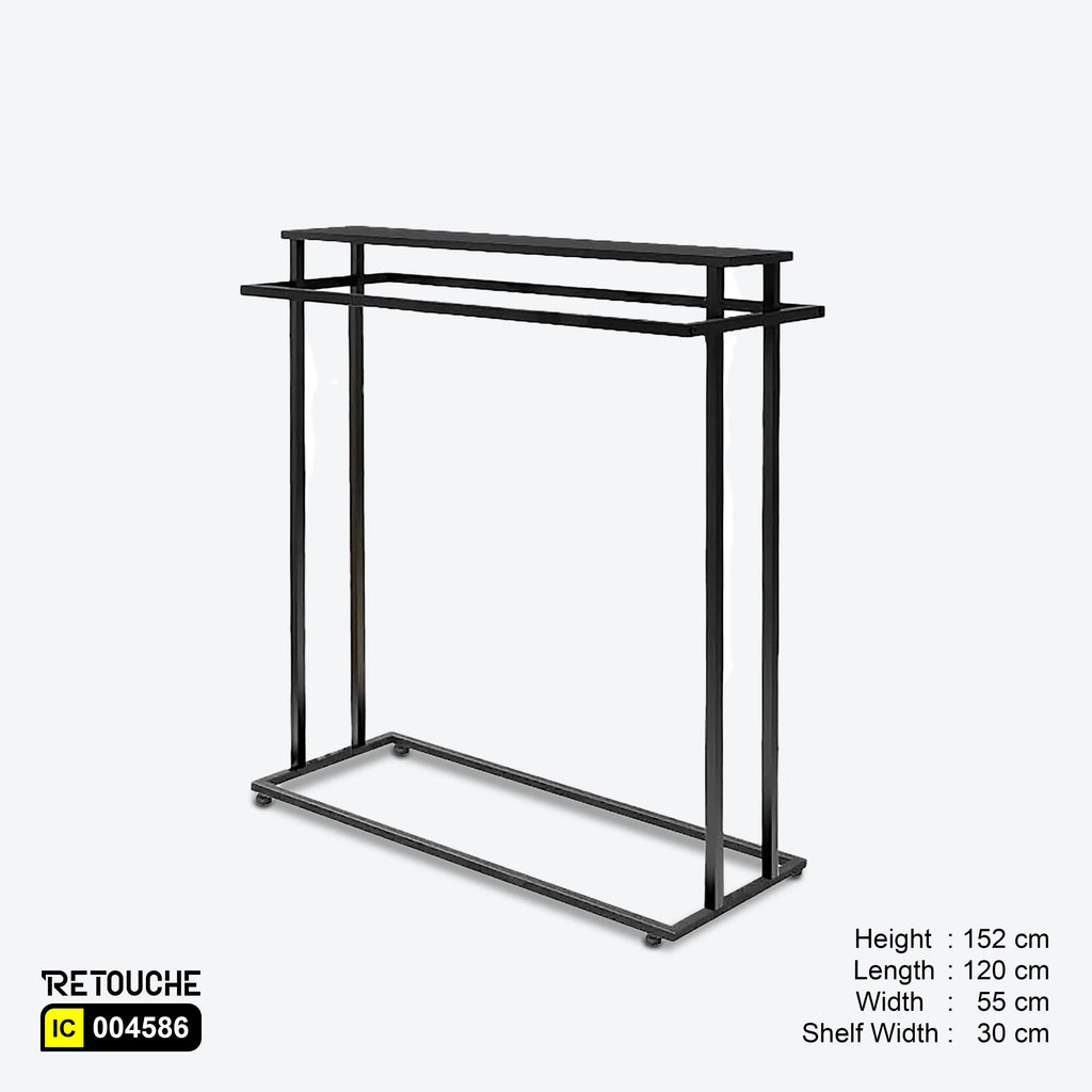 Metal Garment Clothes Rack Stand, Double Rail, Wooden Shelf on Top, Black Color Clothes Stands
