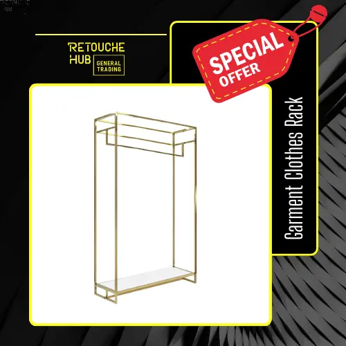 Metal Garment Clothes Rack Stand, Gold Metal Frame, White Wood Shelf Retouche Hub General Trading L.L.C