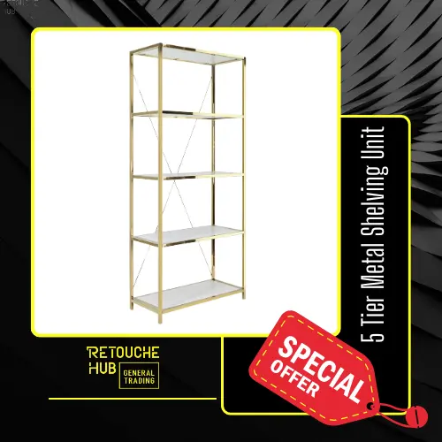 Metal Shelving Unit, 5 Tier, Gold Metal and White Wood Shelves Retouche Hub General Trading L.L.C