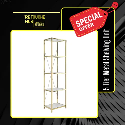 Metal Shelving Unit, 5 Tier, Gold Metal and White Wood Shelves Retouche Hub General Trading L.L.C