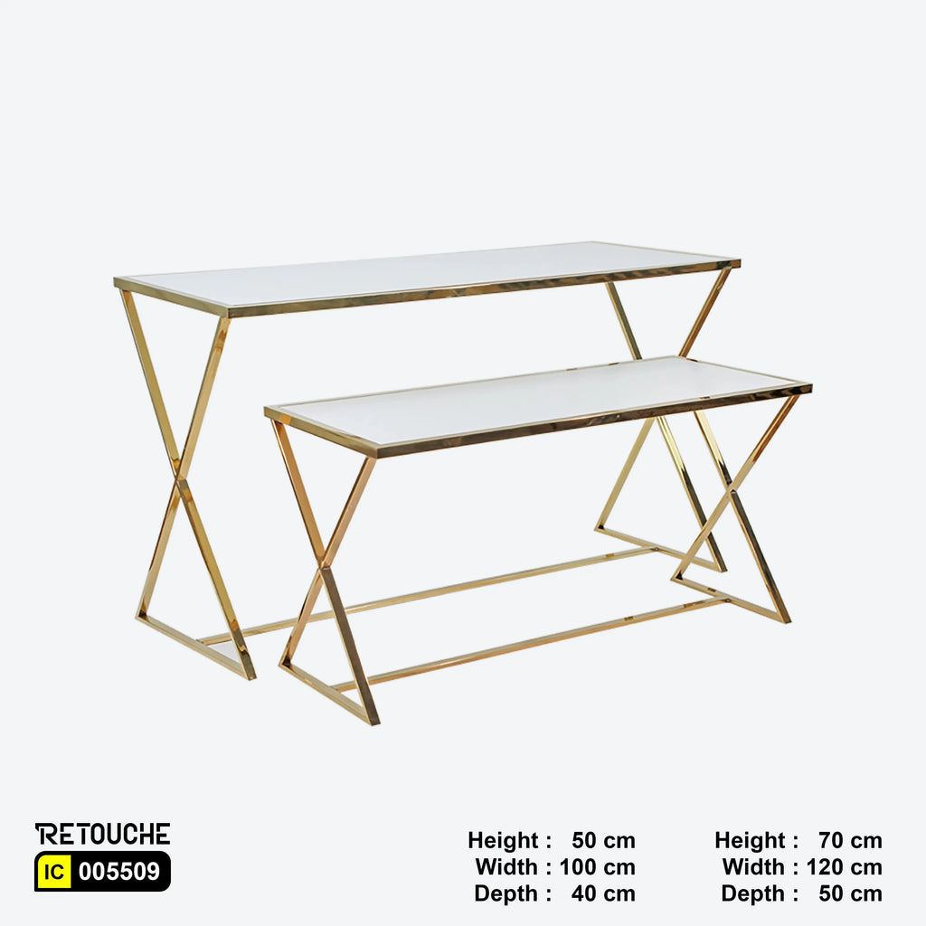 Metal Table With Gold Base and White Wood Top, Set of 2 Pcs Shelving Systems