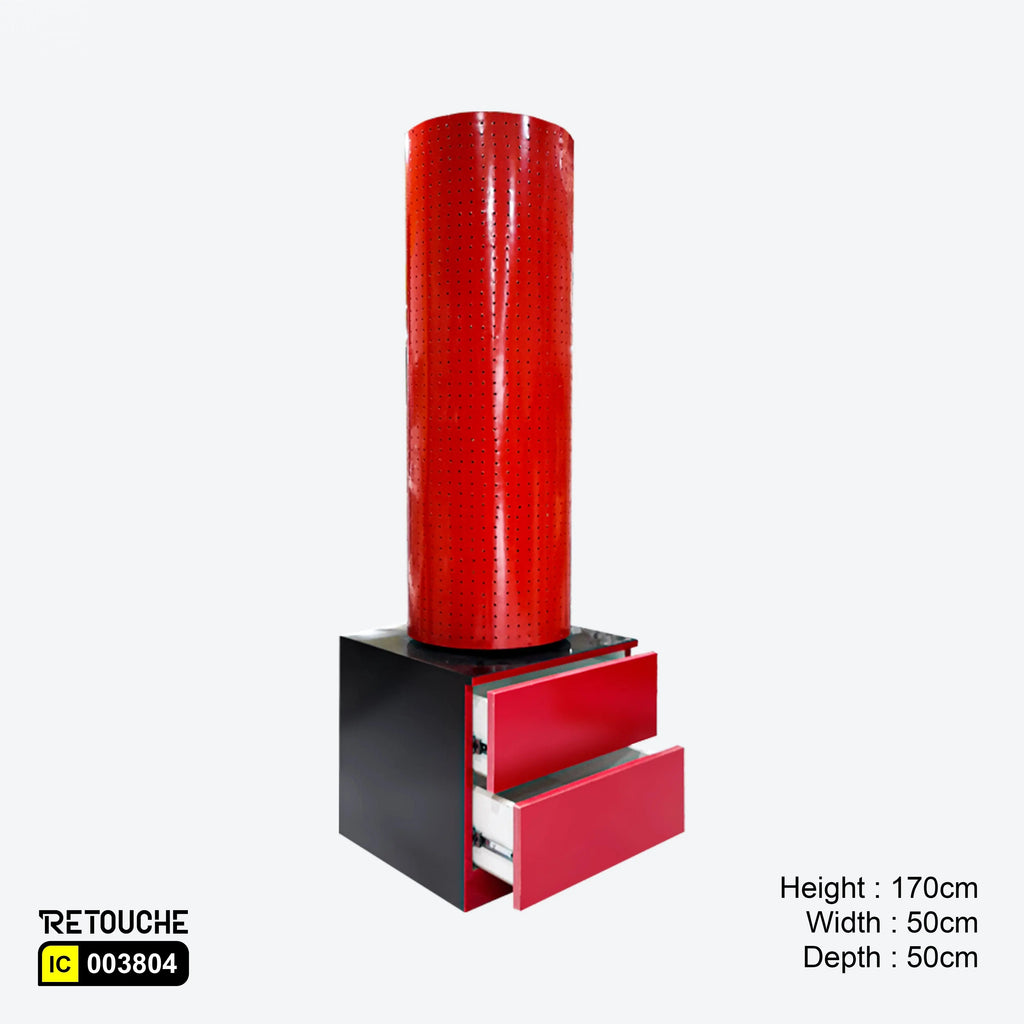 Perforated Cylinder Stand, Rotatable, with Two Wooden Drawers Displays & Showcases
