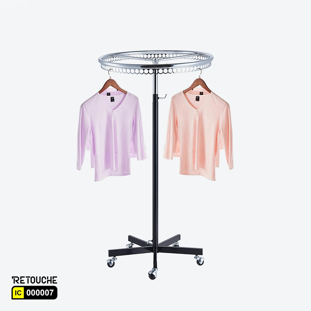 Round Rotating Clothes Rack Stand, Metal Chrome & Black, Height Adjustable Clothes Stands
