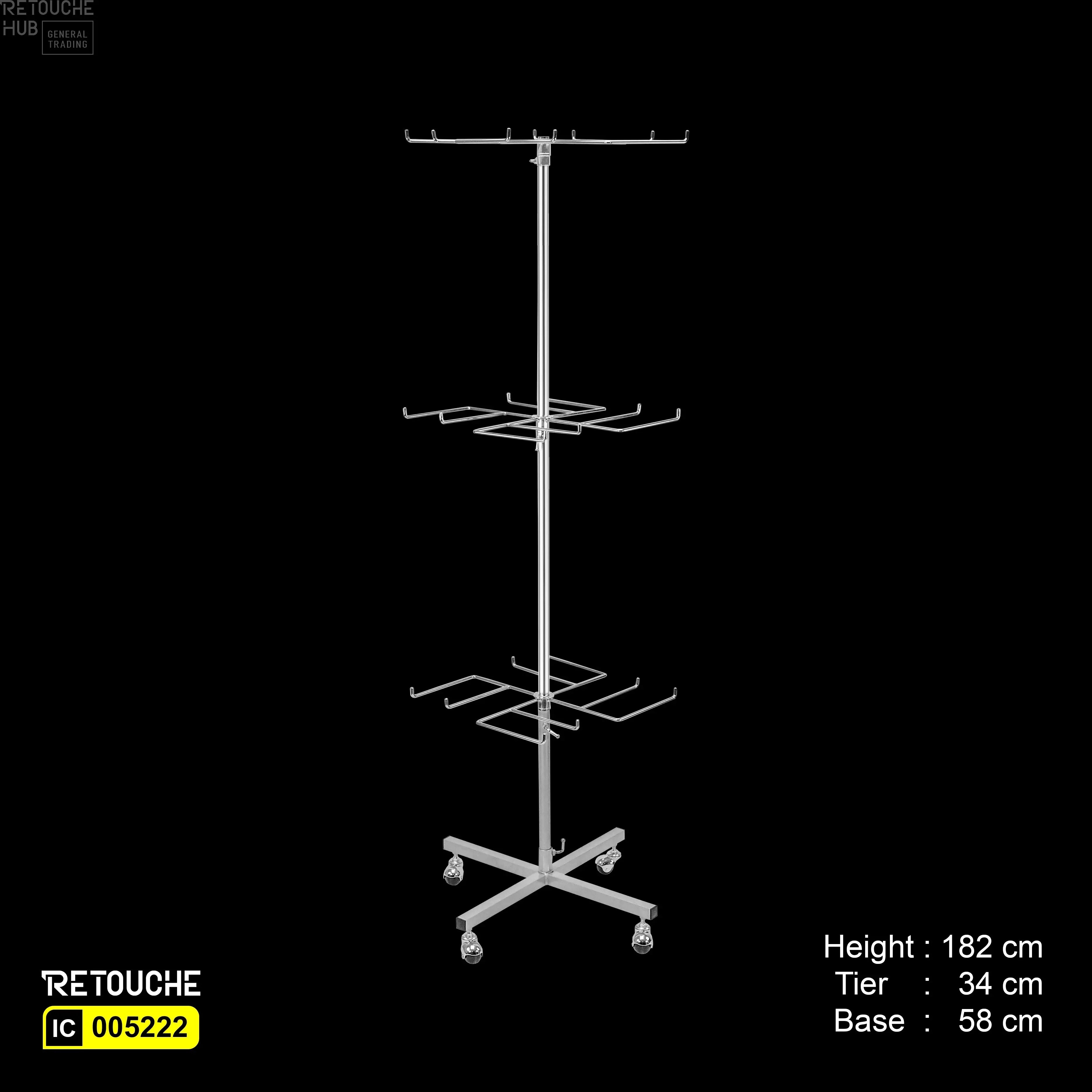 Spinner Display Rack Stand with Hooks & Wheels, 3-Tier, Chrome Plated Displays & Showcases