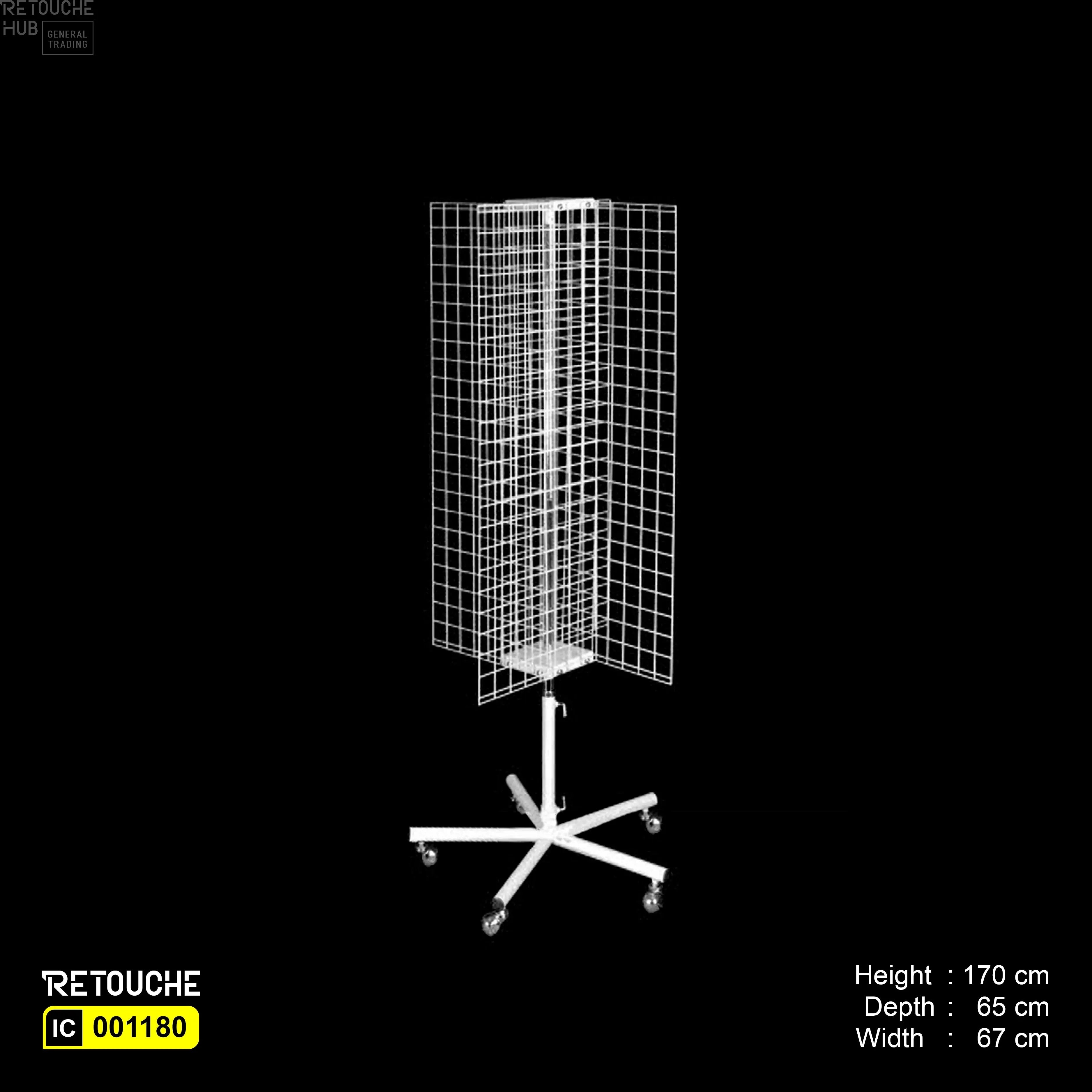 Spinner Display Stand, 4-Way Wire Grid Panel, Metal, White, with Wheels Displays & Showcases