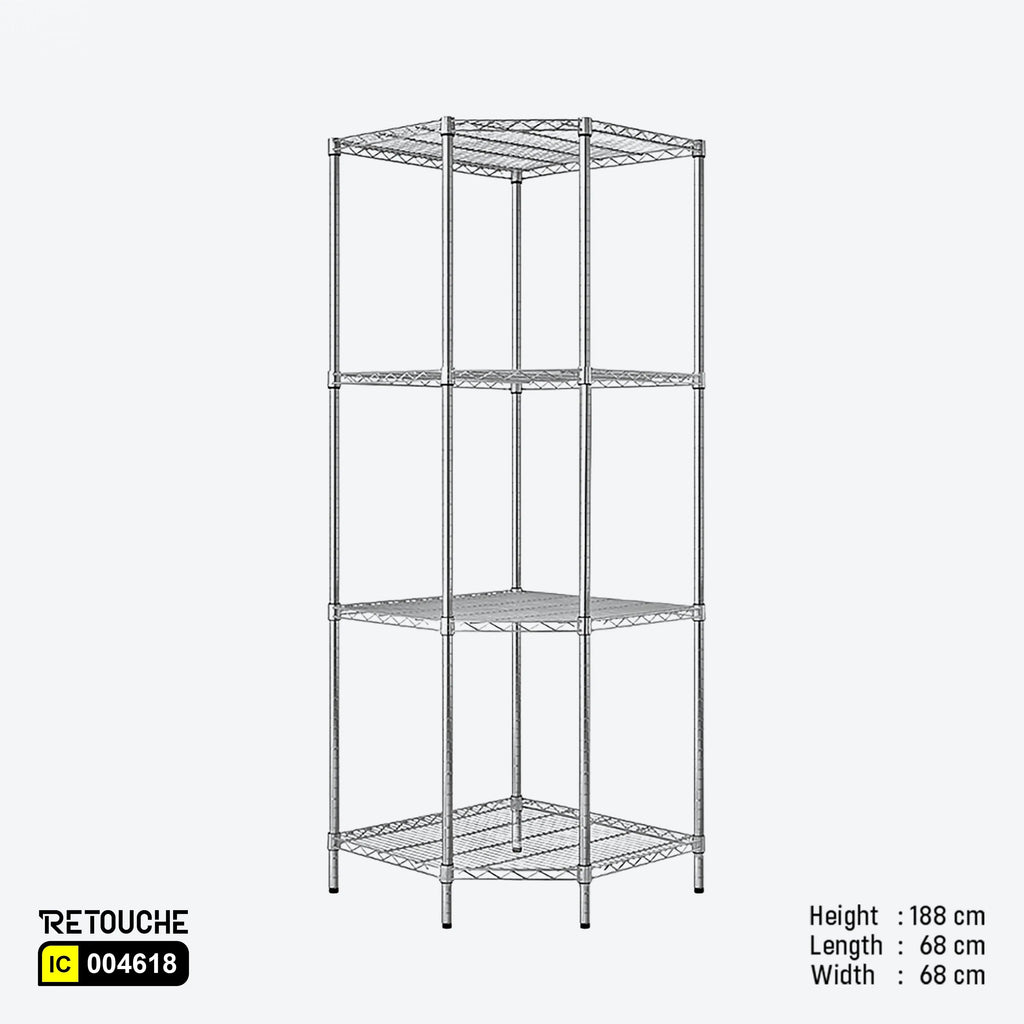 Wire Shelving Rack for Corner, Pentagon Shape, 4-Tier, Metal, Chrome Finish Shelving Systems