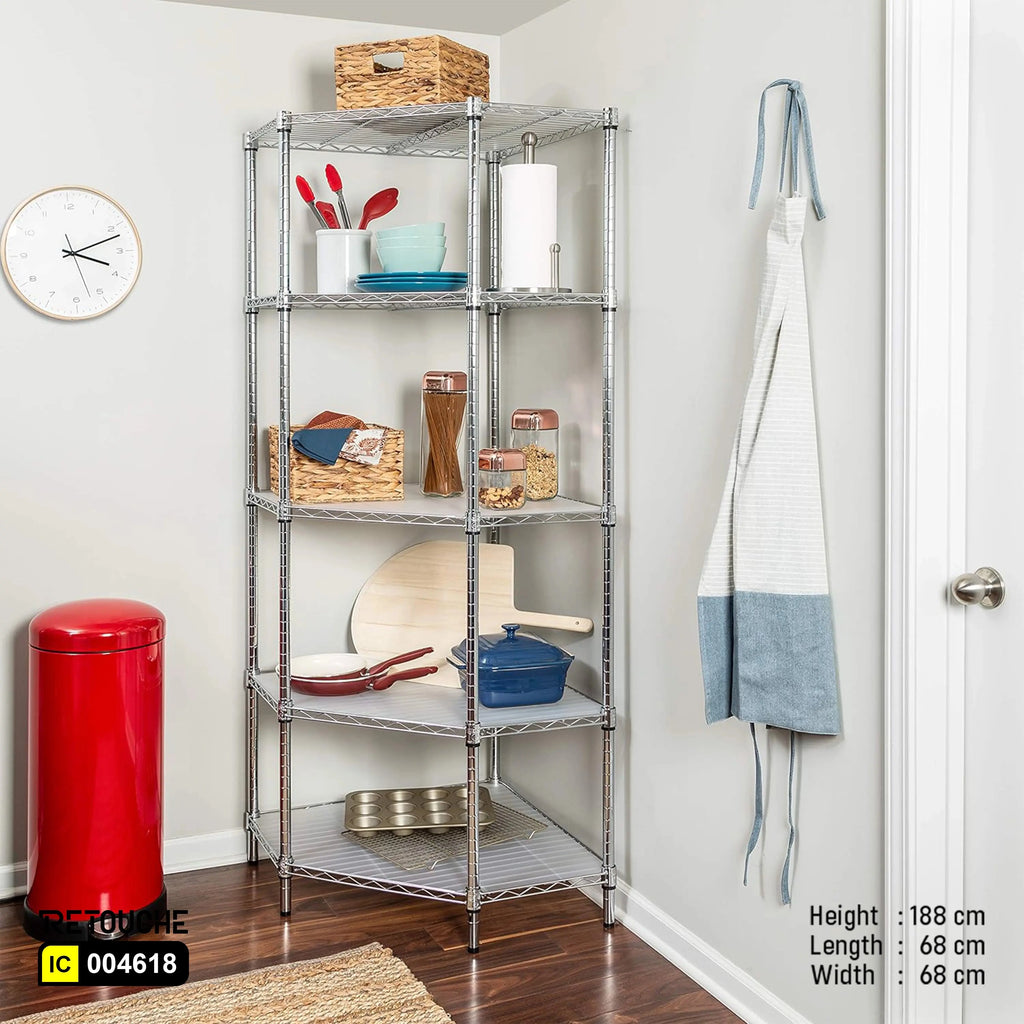 Wire Shelving Rack for Corner, Pentagon Shape, 4-Tier, Metal, Chrome Finish Shelving Systems