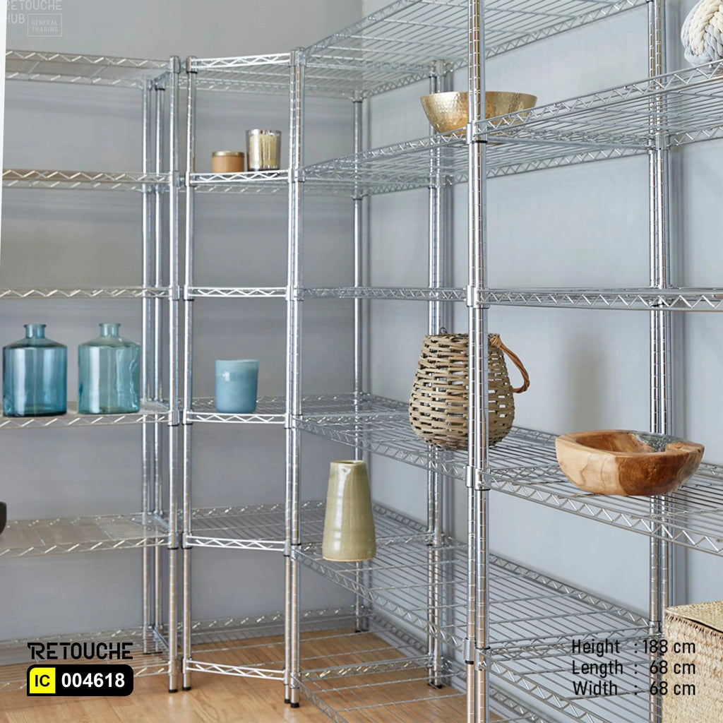 Wire Shelving Rack for Corner, Pentagon Shape, 4-Tier, Metal, Chrome Finish Shelving Systems