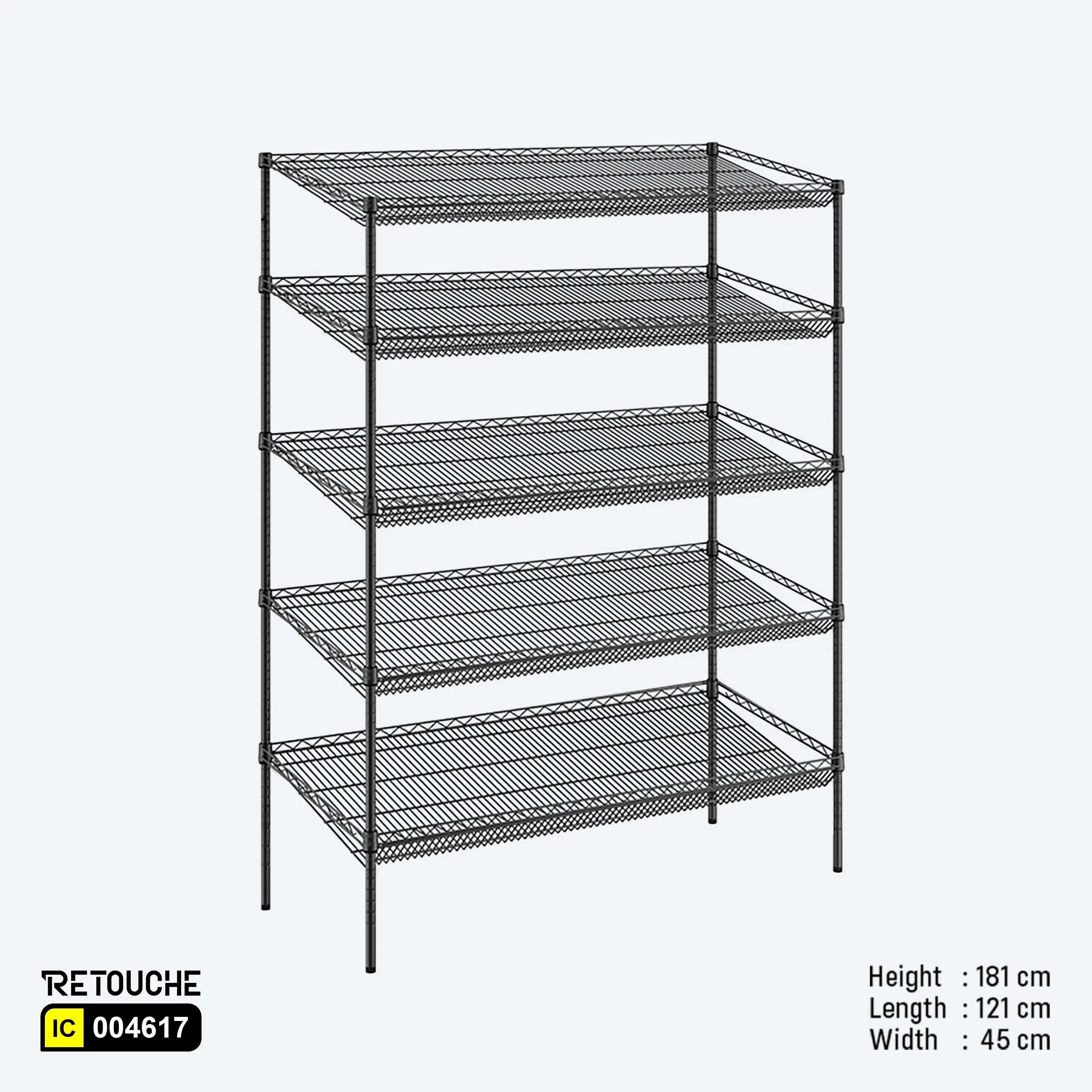 Wire Shelving Rack, 5 Slanted Tiers, Carbon Steel, Black Epoxy Coated Shelving Systems