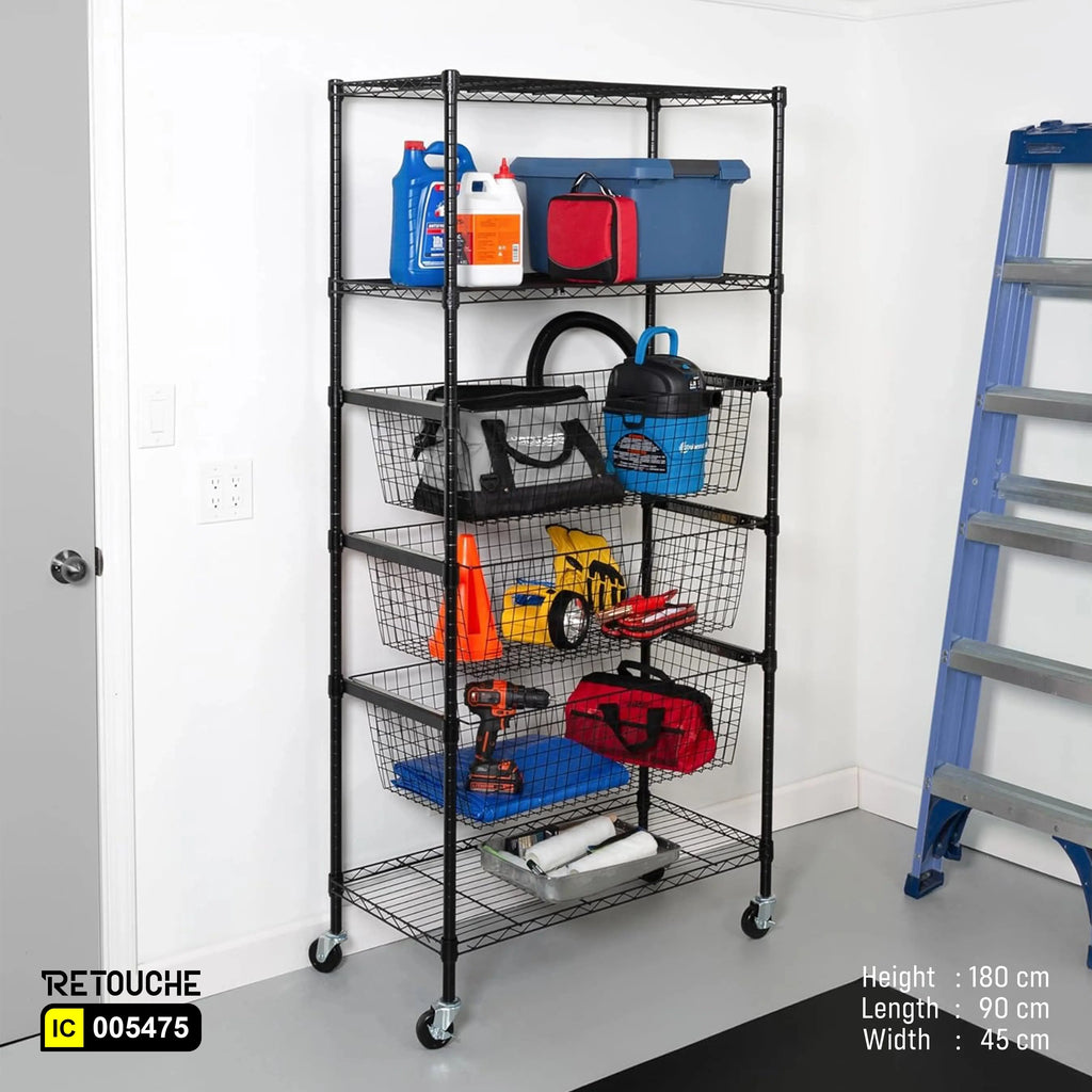 Wire Shelving Rack, 6-Tier with Wheels, Metal, Black Epoxy Coated Shelving Systems