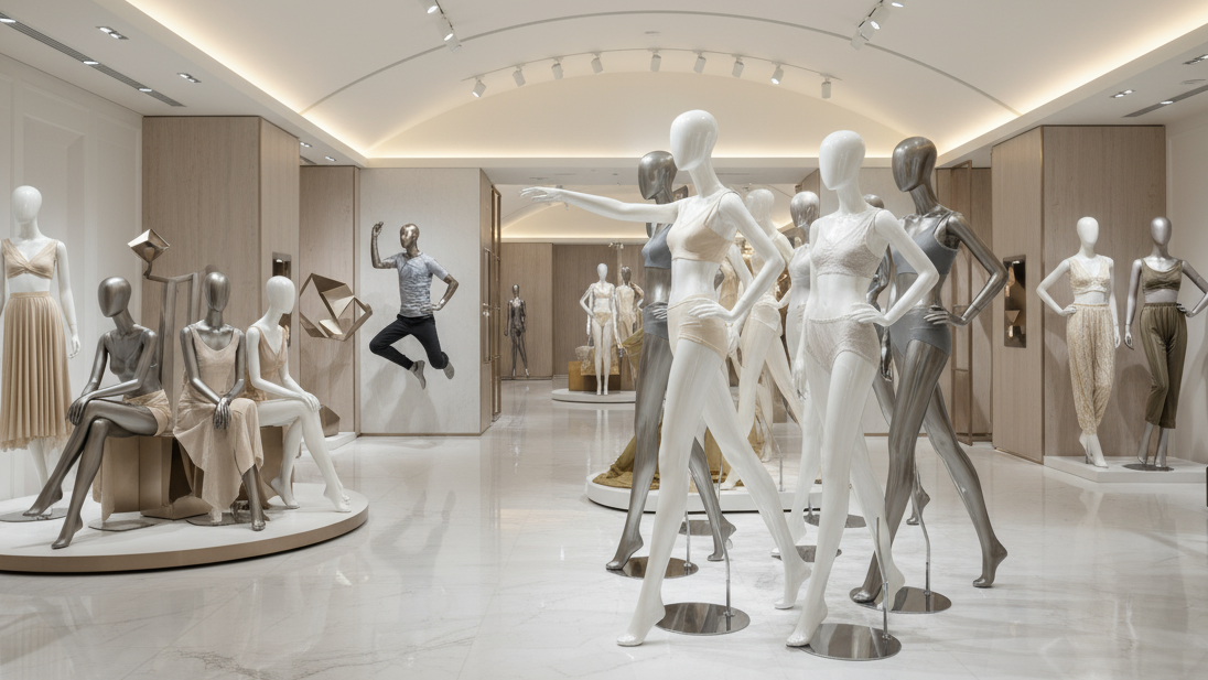 A premium display of a wide range of Mannequins, different poses, luxury brand display, no writings
